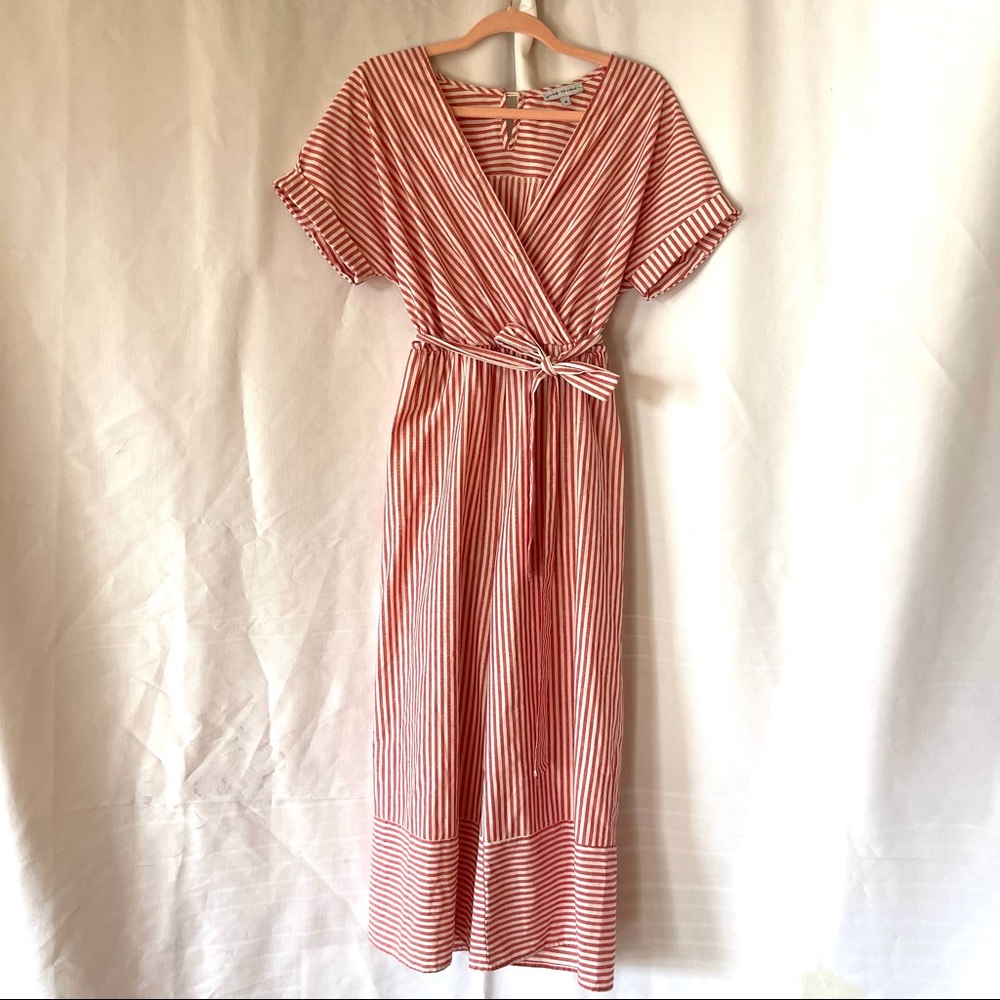 Pink Thread Red and White Stripe Cross Front Short Sleeve Jumpsuit